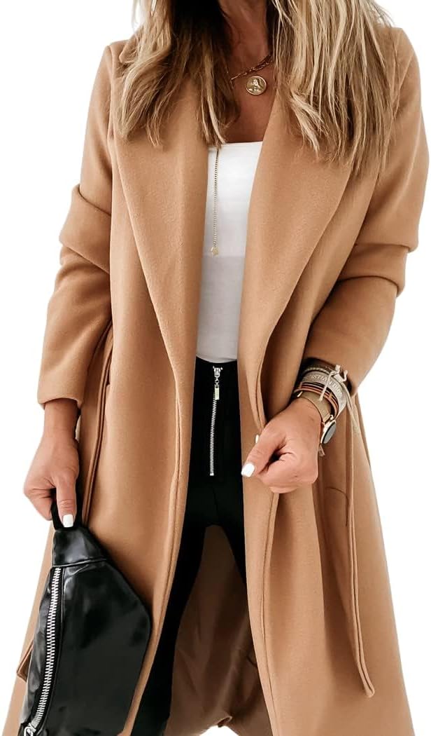Womens Classic Coat Lapel Collar Open Front Belted Long Jacket Large Camel
