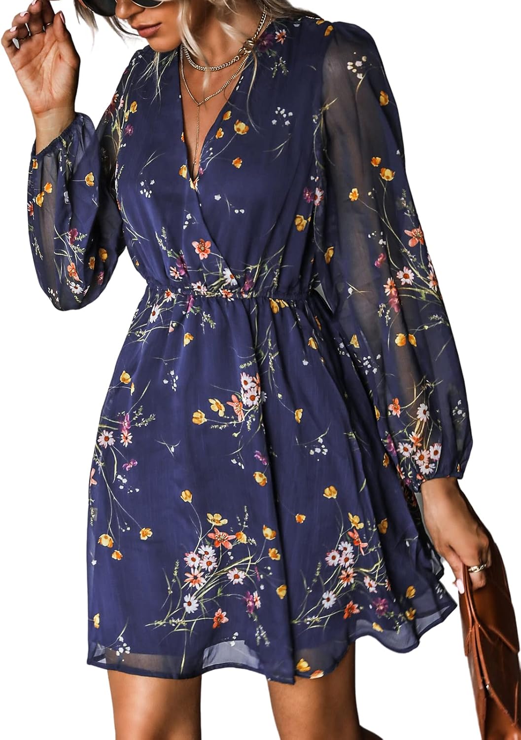 CUPSHE Women's Mini Dresses Casual Spring V Neck Chiffon Long Peasant Sleeves Fl...