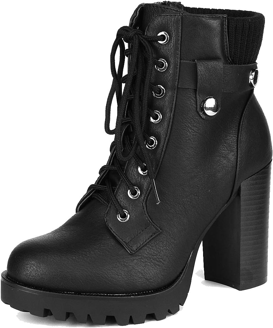 DREAM PAIRS Women's Lace up Combat Ankle Boots High Chunky Heel Fashion Heeled B...