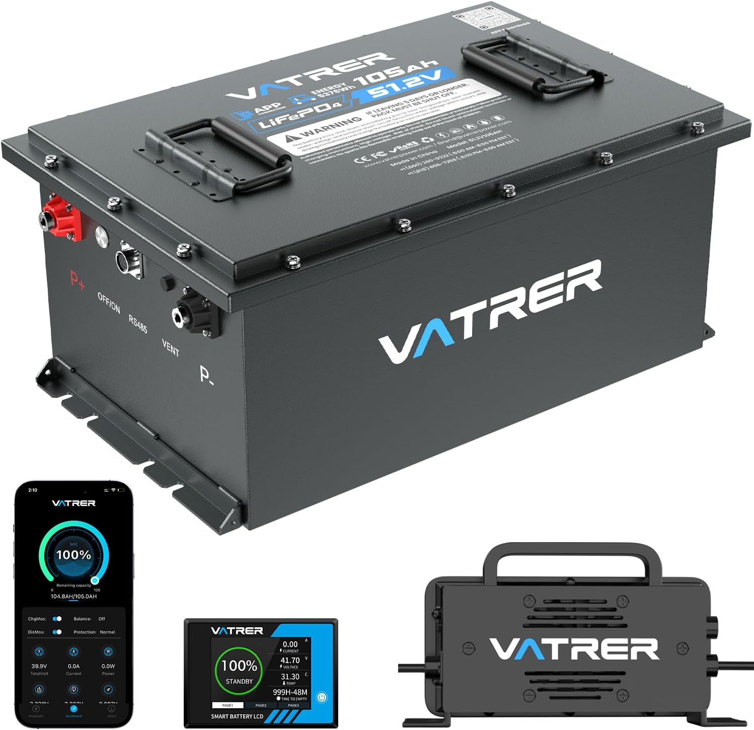 48V 105Ah Lithium Golf Cart Battery, Built-in Smart 200A BMS, with Touch Monitor...