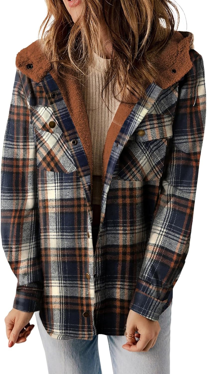 Dokotoo Womens Plaid Shacket Jacket Long Sleeve Button Down Fleece Hooded Jacket...
