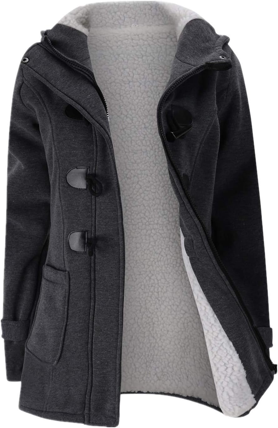 JiangWu Womens Fashion Horn Button Fleece Thicken Coat with Hood Winter Warm Jac...