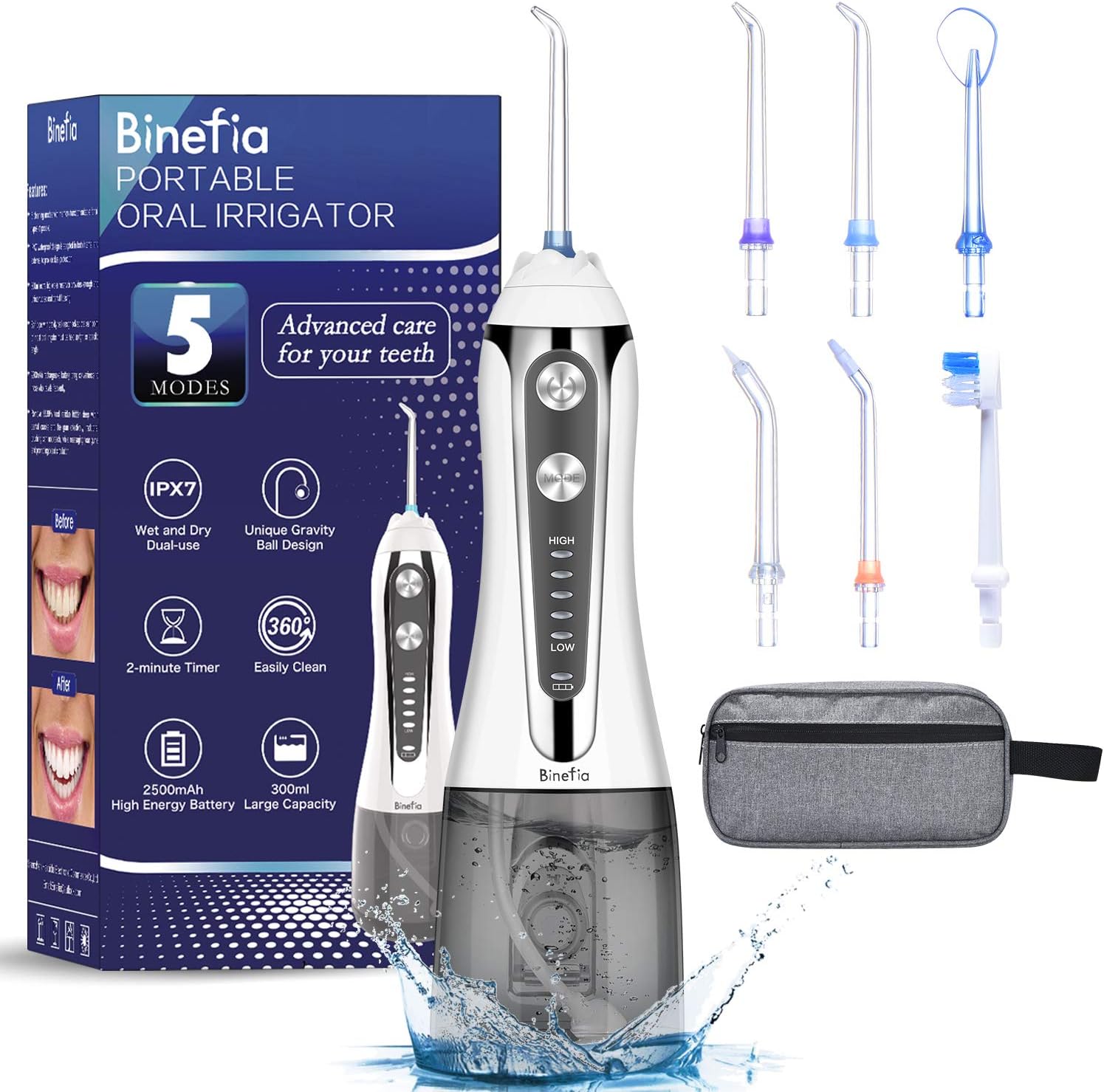 Water Flosser for Teeth Cordless with 5 Modes, Binefia 360° Rotation Oral Irriga...