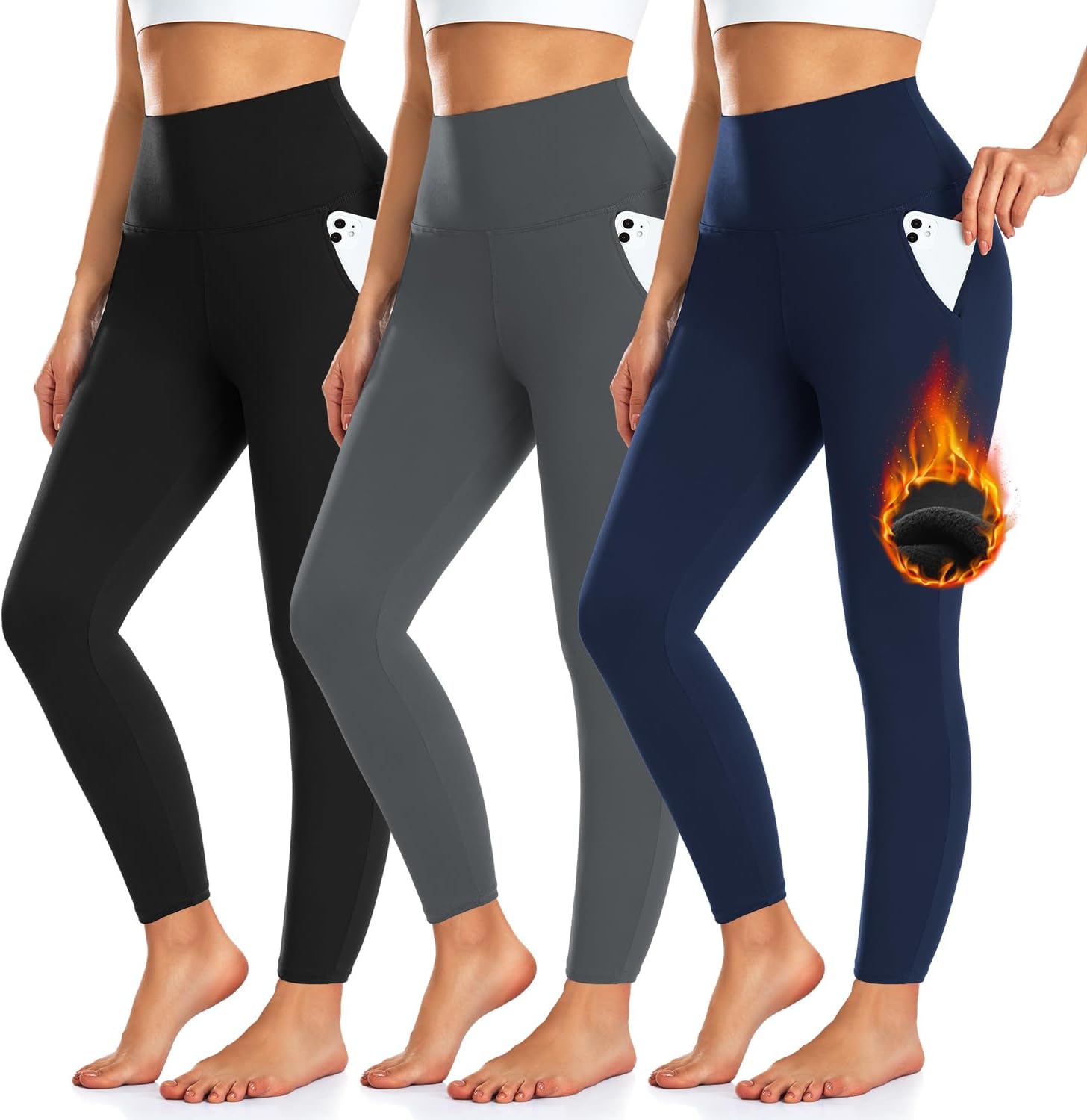 3 Pack Fleece Lined Leggings Women with Pockets -Warm Winter Yoga Pants for Wome...