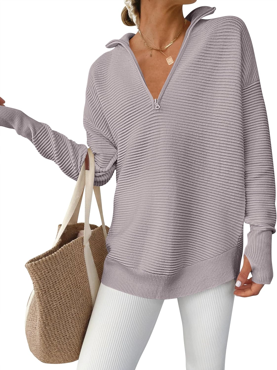 ANRABESS Womens Long Sleeve Quarter Zip Pullover Sweater Casual Loose V Neck Col...