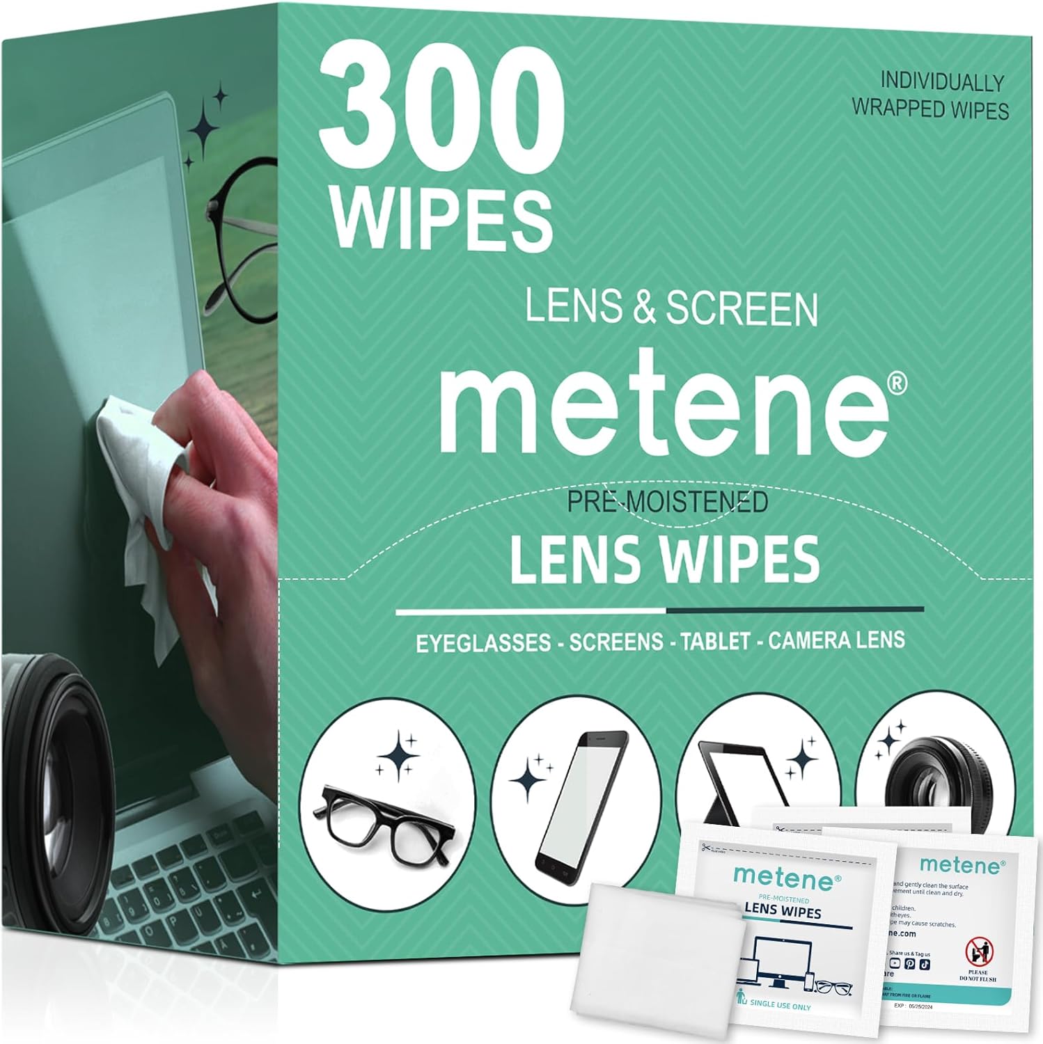 Metene Lens Cleaning Wipes, 300 PCS Individually Wrapped Glasses Wipes, Pre-Mois...