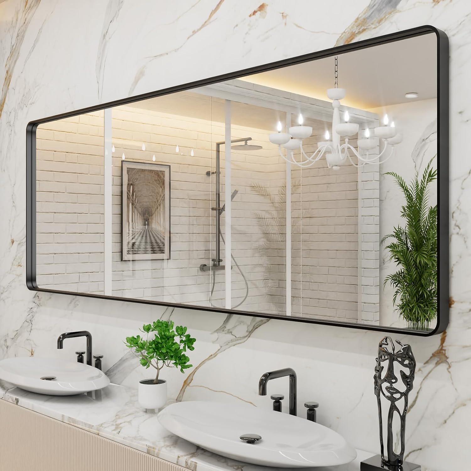 LOAAO 84x32 Inch Black Metal Framed Bathroom Mirror for Wall, Matte Black Bathro...