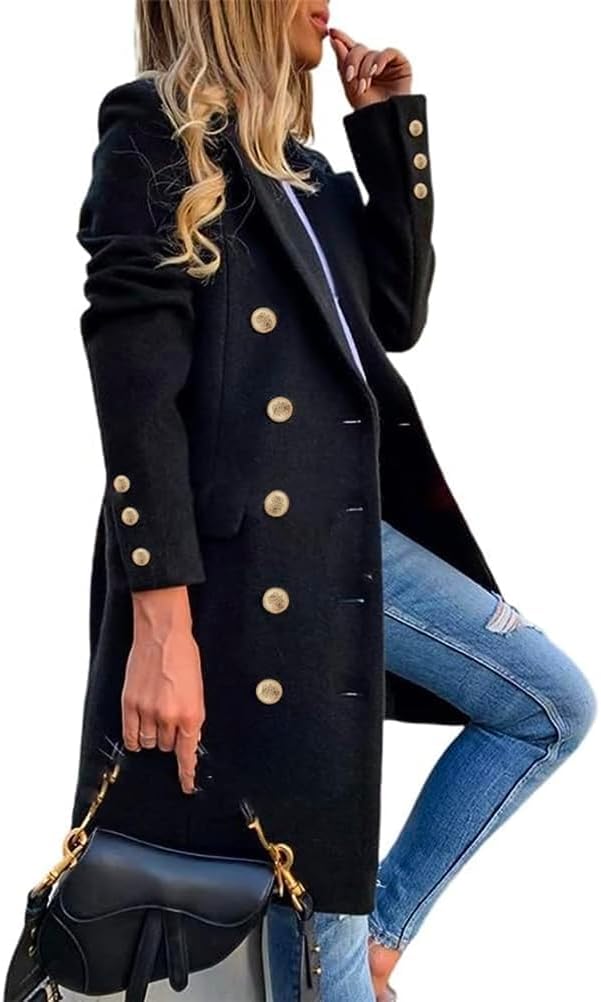 IDEALSANXUN Womens Fall Winter Wool Coats Double Breasted Midi Peacoat Trench Co...