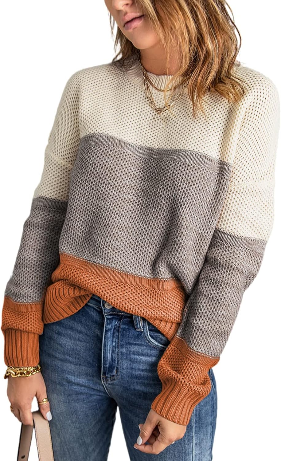 Dokotoo Womens Color Block Sweaters Long Sleeve Crewneck Pullover Knit Jumper To...