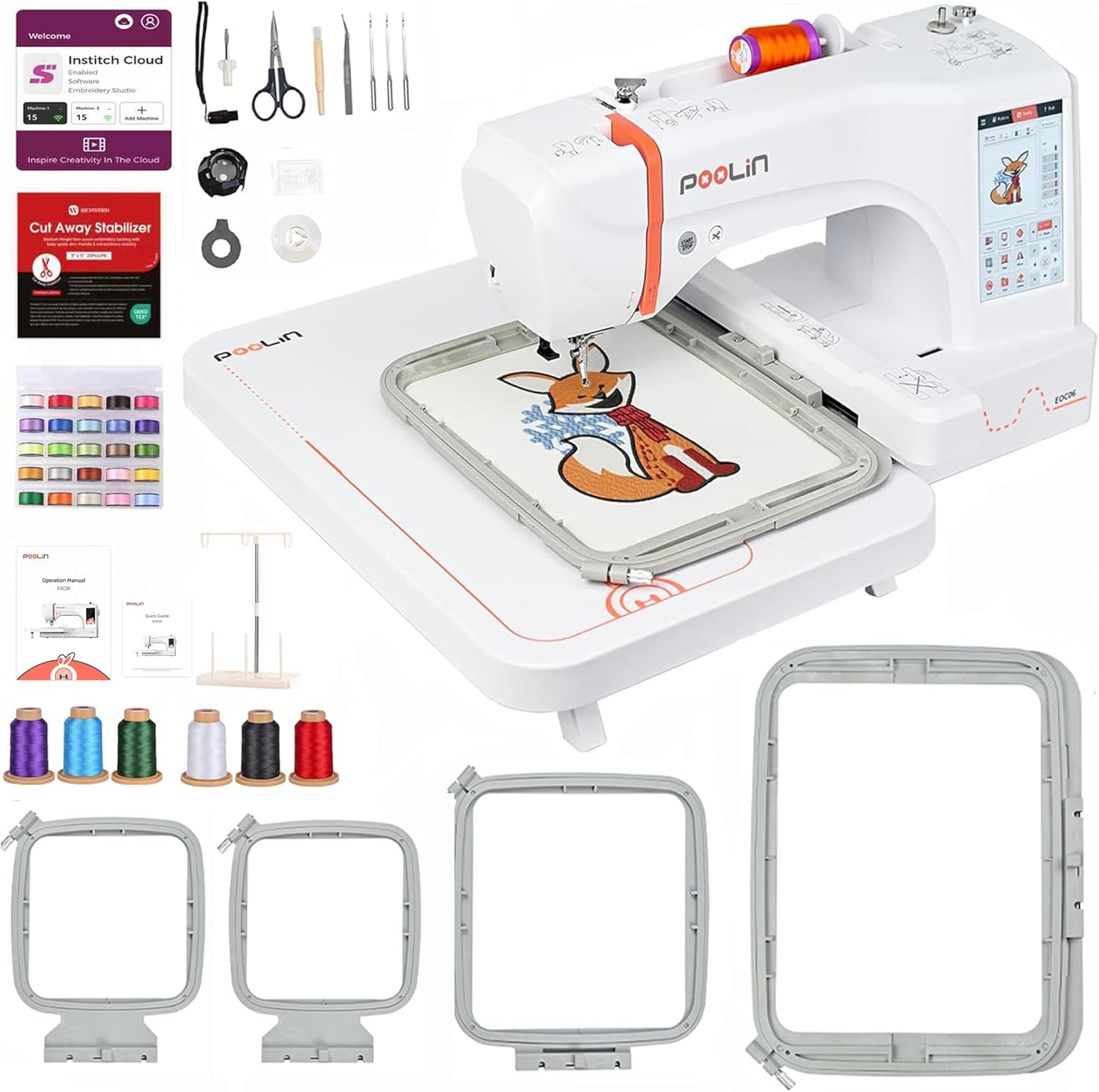 POOLIN EOC06 Embroidery Machine,7" Touchscreen,7.9"x11" Hoop Area,Computerized H...