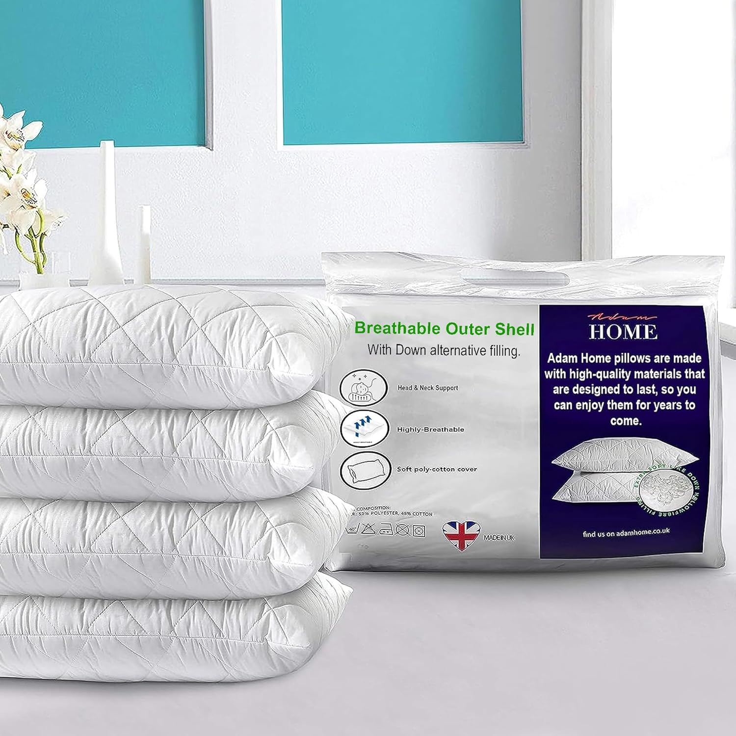 Adam Home Premium Pillows 4 Pack Hotel Quality Firm Support with Quilted Cover H...
