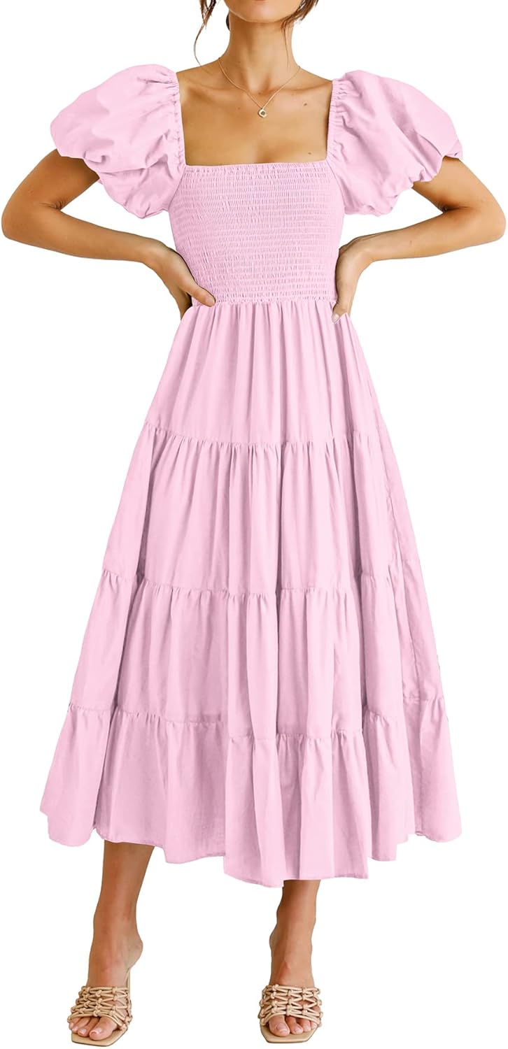 PRETTYGARDEN Women's Casual Summer Midi Dress Puffy Short Sleeve Square Neck Smo...