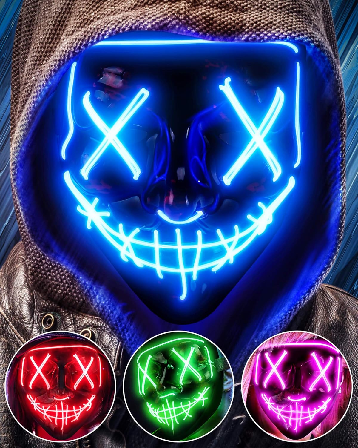 AnanBros Scary LED Halloween Mask, Light up Mask Cosplay, LED Rave Face Mask Cos...