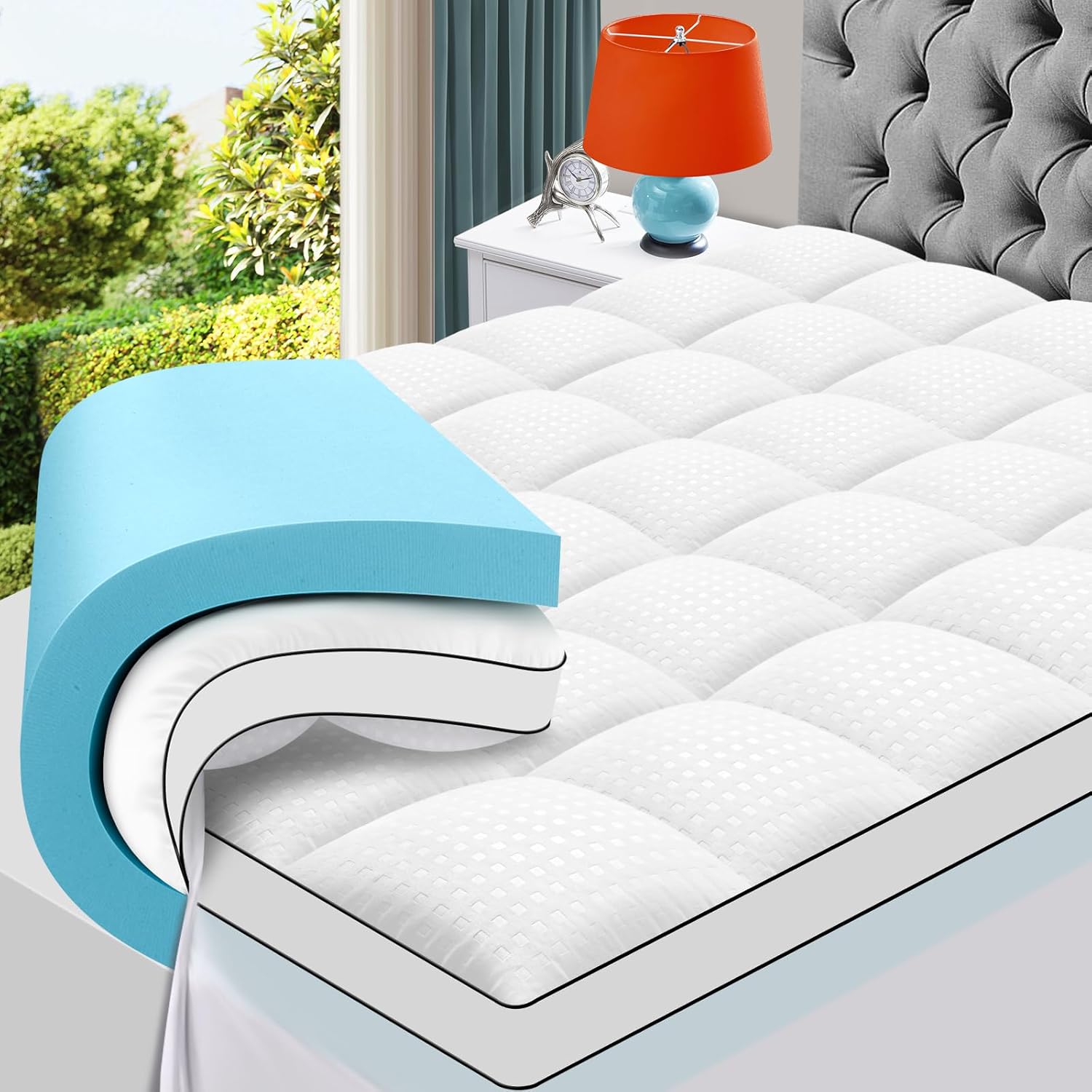 MASVIS King Size Dual Layer 4 Inch Memory Foam Mattress Topper, 2 Inch Gel Memor...