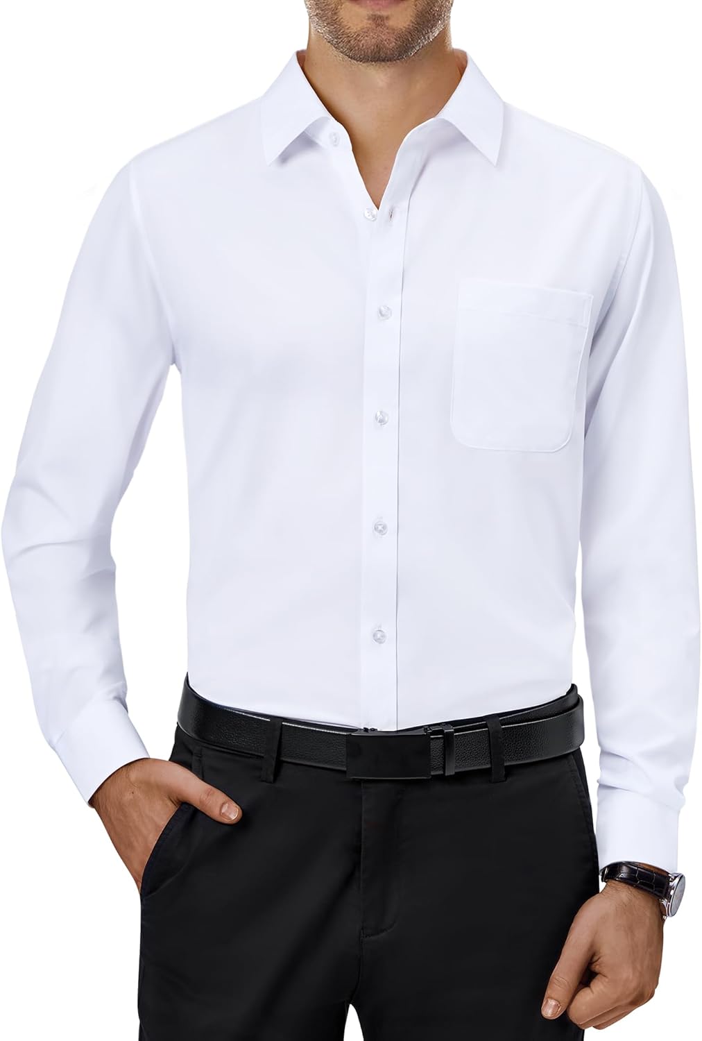 Alimens & Gentle Mens Dress Shirts 4-Way Stretch Long Sleeve Collared Casual Sol...