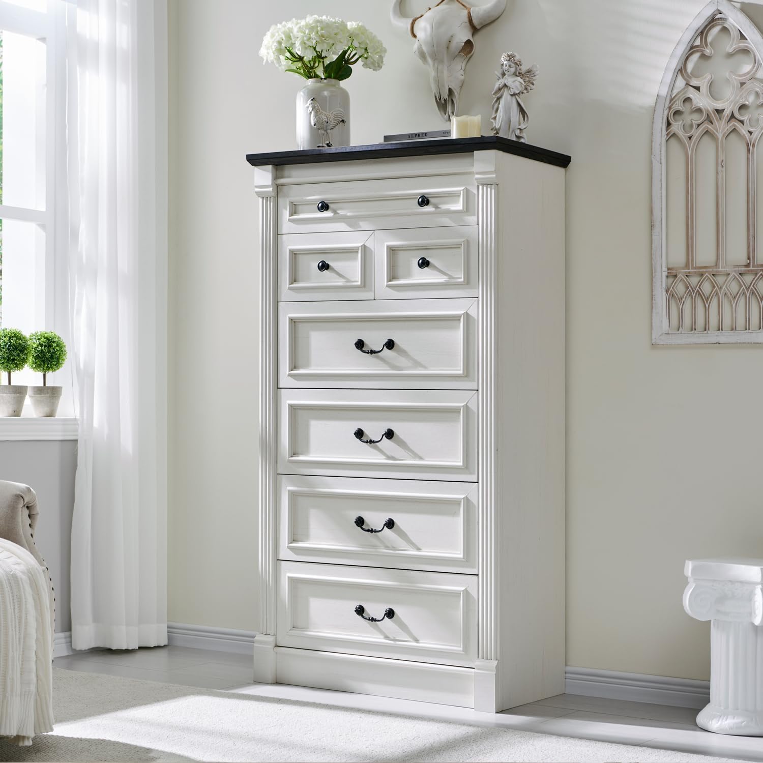 Farmhouse Dresser, Unique 7 Drawers Bedroom Storage, Affordable 57" Tall Dresser...