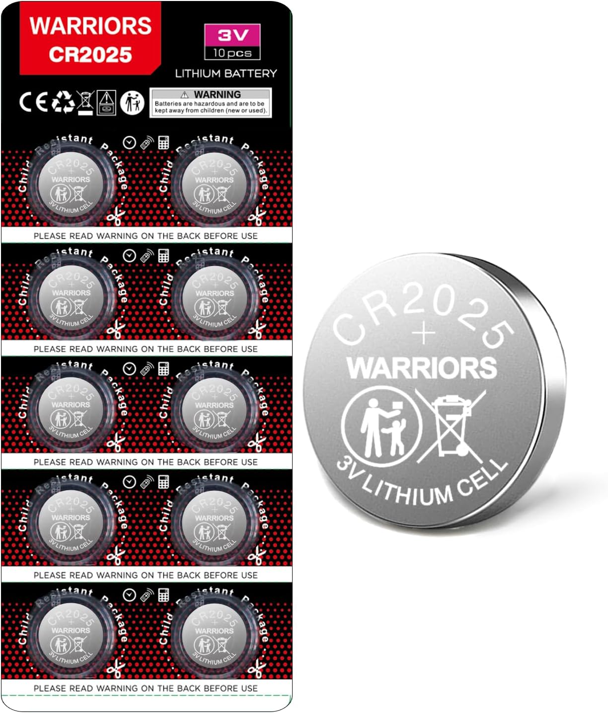 Warriors 10X 2025 CR2025 Batteries, Special Coin Button Cell with Child Resistan...