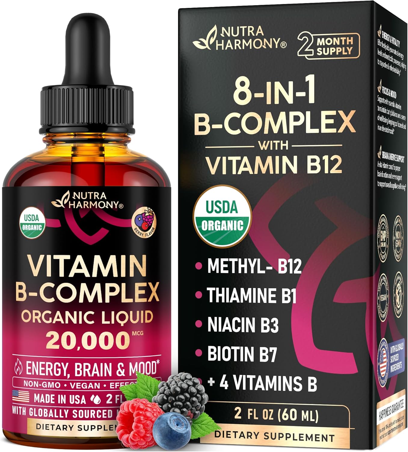 USDA Organic Vitamin B-Complex B5 Pantothenic Acid | B12 Methylcobalamin | B1 Th...