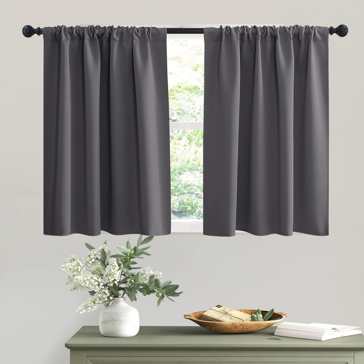 RYB HOME Short Curtains Gray Half Window Curtains for Bedroom, Privacy Curtain T...