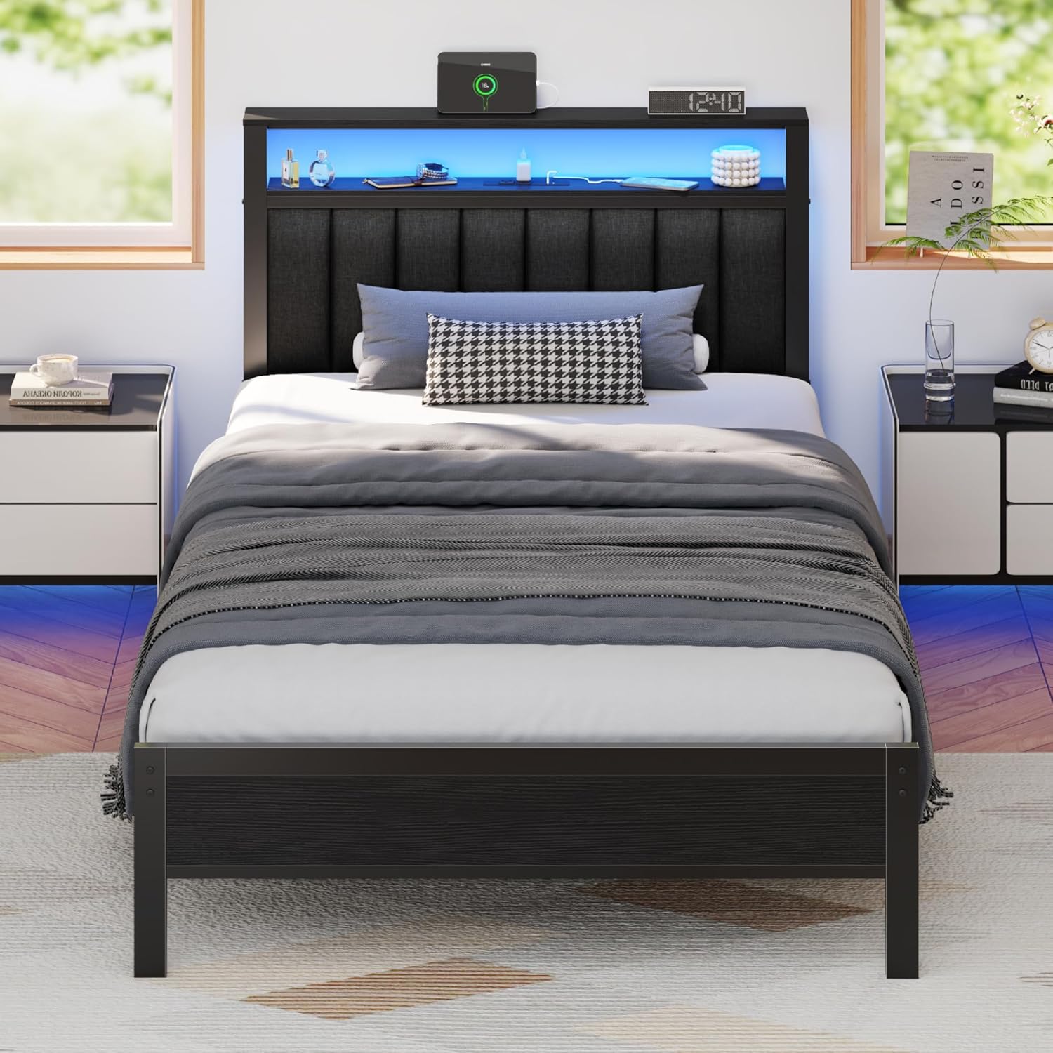 Furnulem Twin Size Bed Frame with Charging Station and LED Lights, Platform Bed...