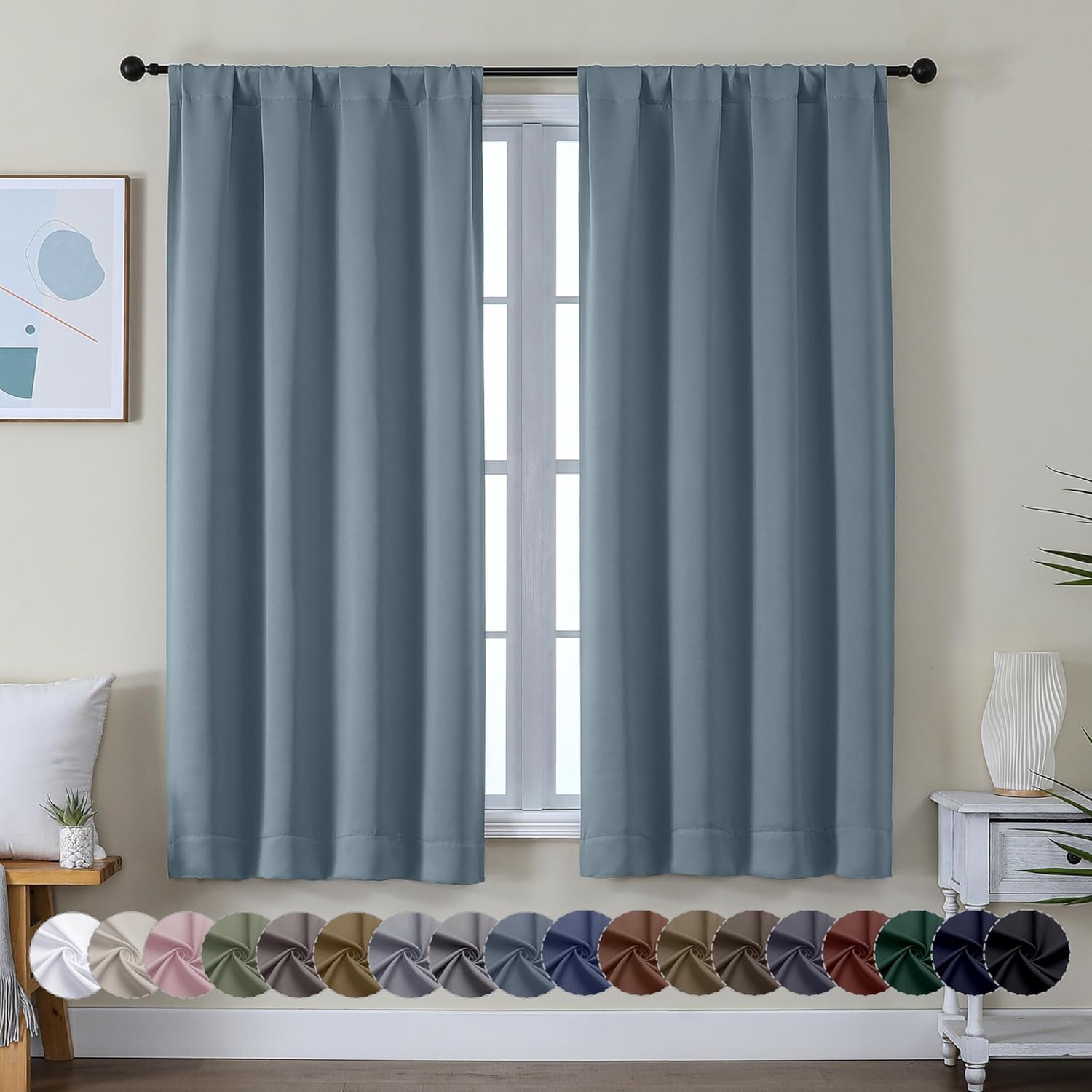 Simplebrand Ava Stone Blue Blackout Curtains, Special Bedroom Curtains 63 Inch L...