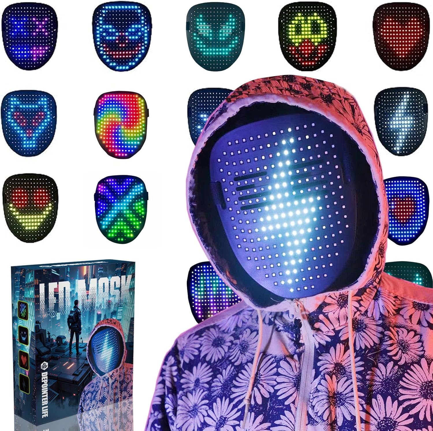 Depointer Life Led Mask with Gesture Sensing,Unisex LED Lighted Face Transformin...