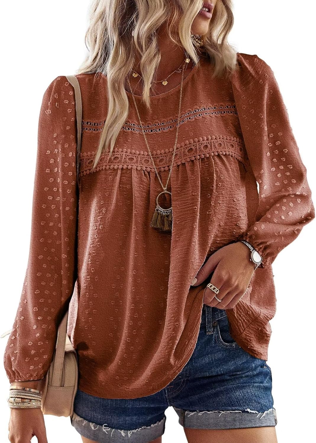 Trendy Womens Fall Tops, Unique Crewneck Long Sleeve Shirts, Chic Casual Chiffon...