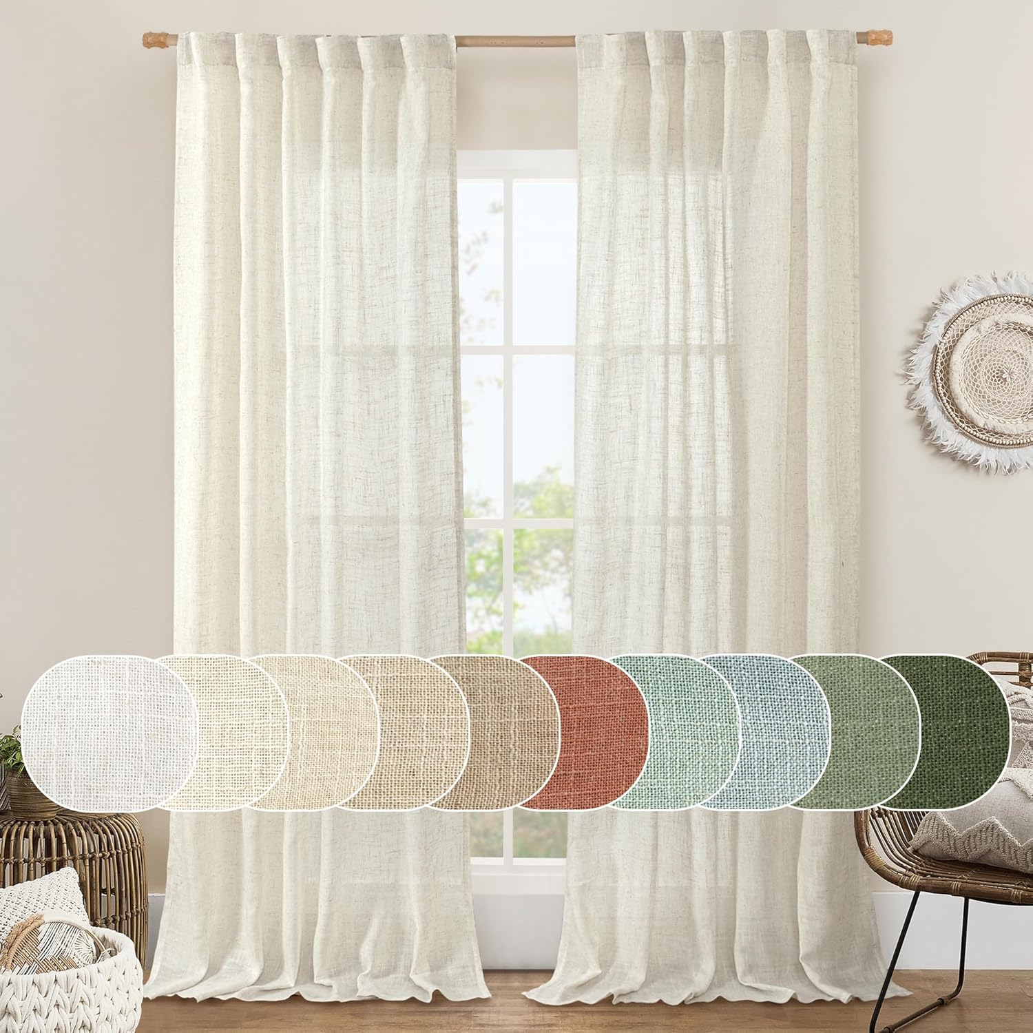 LAMIT Ivory 90 Inches Long Linen Sheer Curtains for Living Room, Back Tab and Ro...