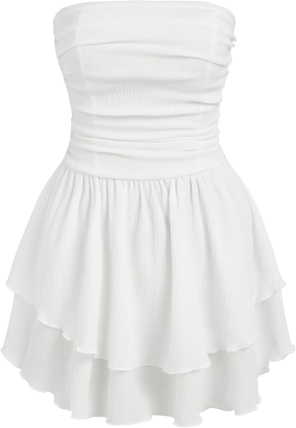 CIDER Women's Summer Cocktail Dress - Tube Ruched Ruffle Mini Dress Small White