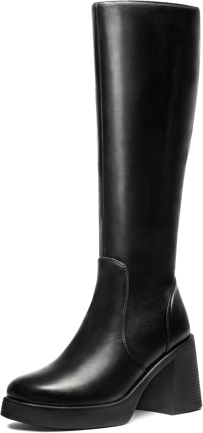 Black Knee High Boots for Women - Wide Calf Platform Tall Boots Square Toe Chunk...