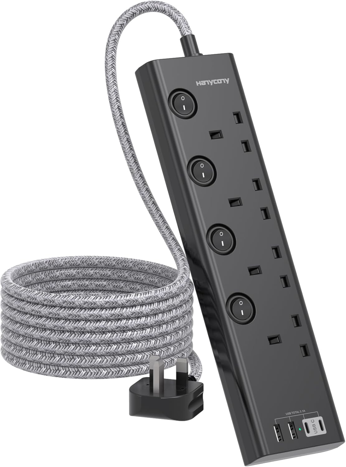 Black Extension Lead, Special Extension with 4 Way Plug Sockets, Innovative Powe...