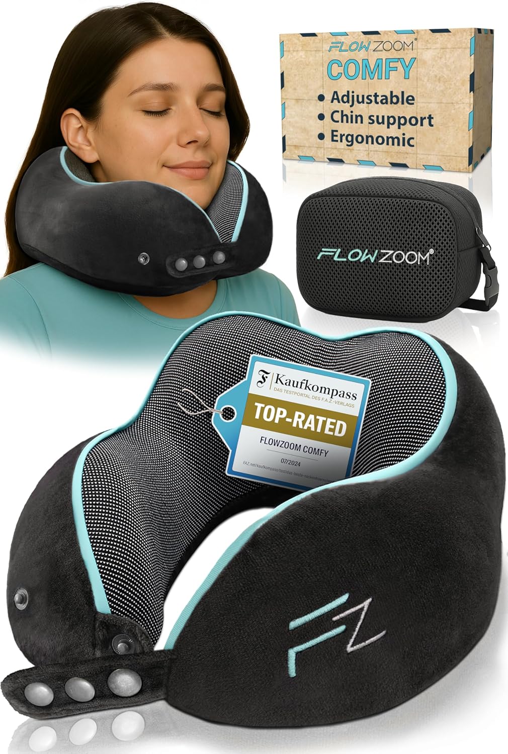 FLOWZOOM Comfy Memory Foam Travel Pillow for Airplane & Car – Adjustable Travel...