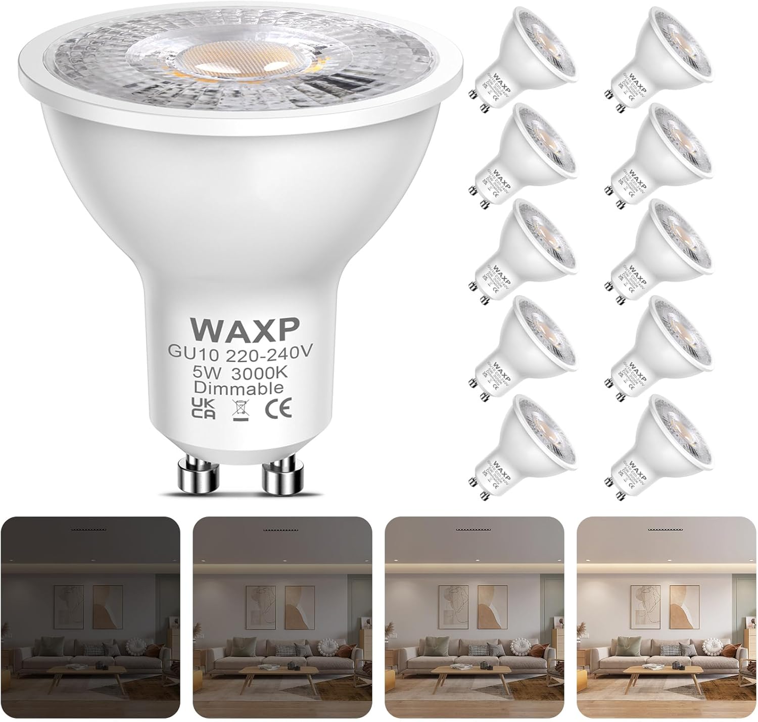 Dimmable GU10 LED Spot Light Bulbs Warm White 5W, 3000K, 365lm, No Flickering, E...