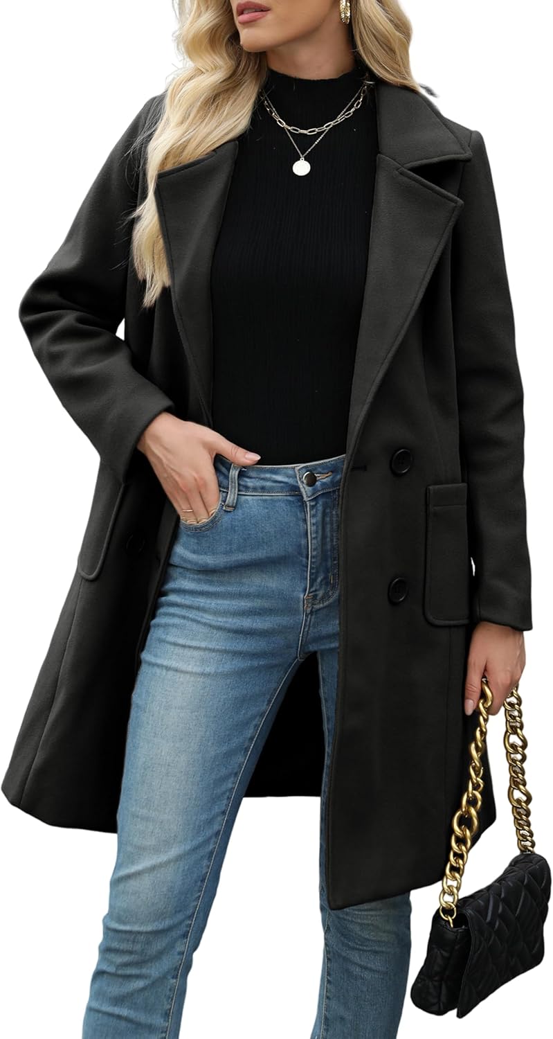 Bankeng Women Winter Wool Blend Camel Mid-Long Coat Notch Double-Breasted Lapel...