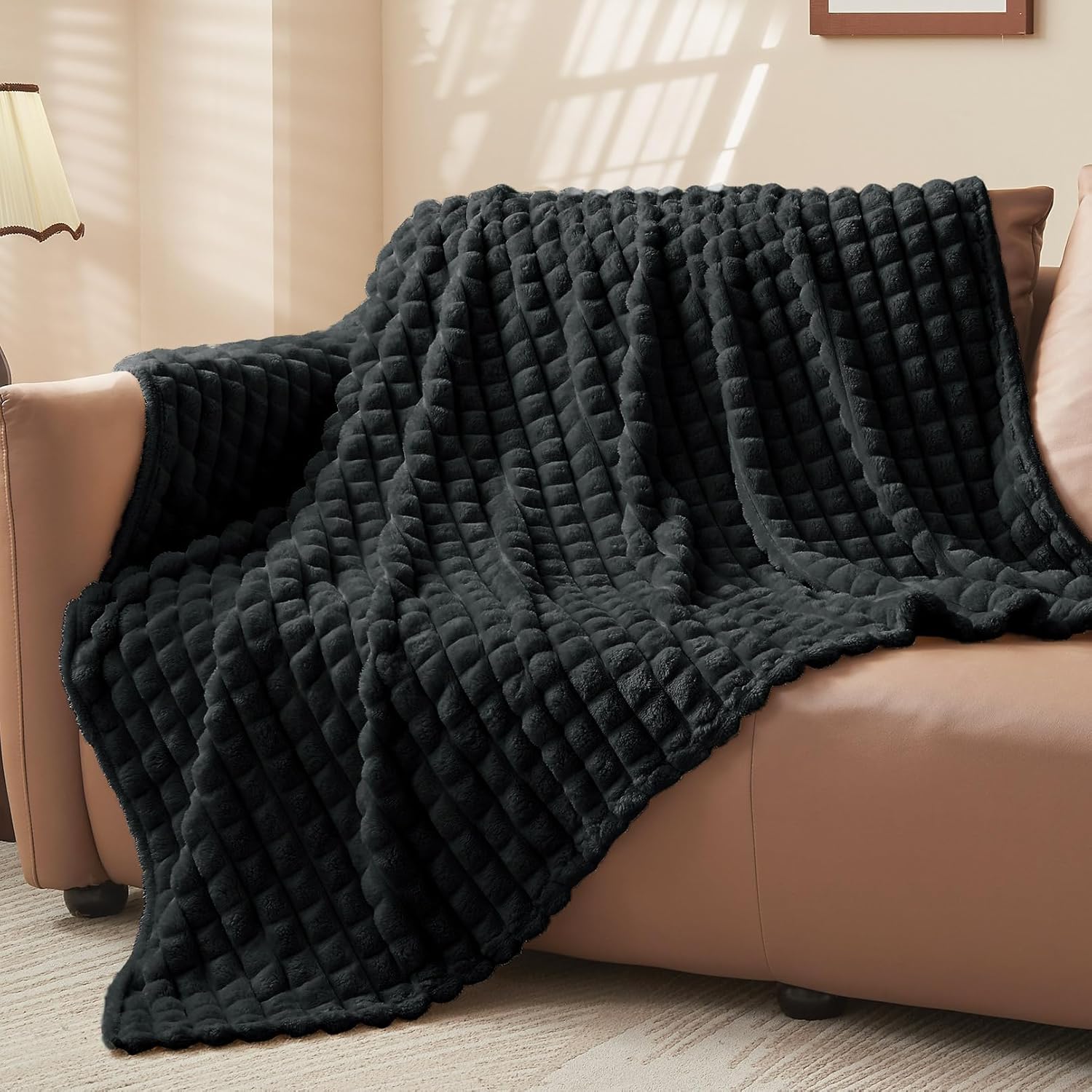 BEDELITE Fluffy Fleece Twin Blanket - Black Couch Throw Checkered Design Soft Co...
