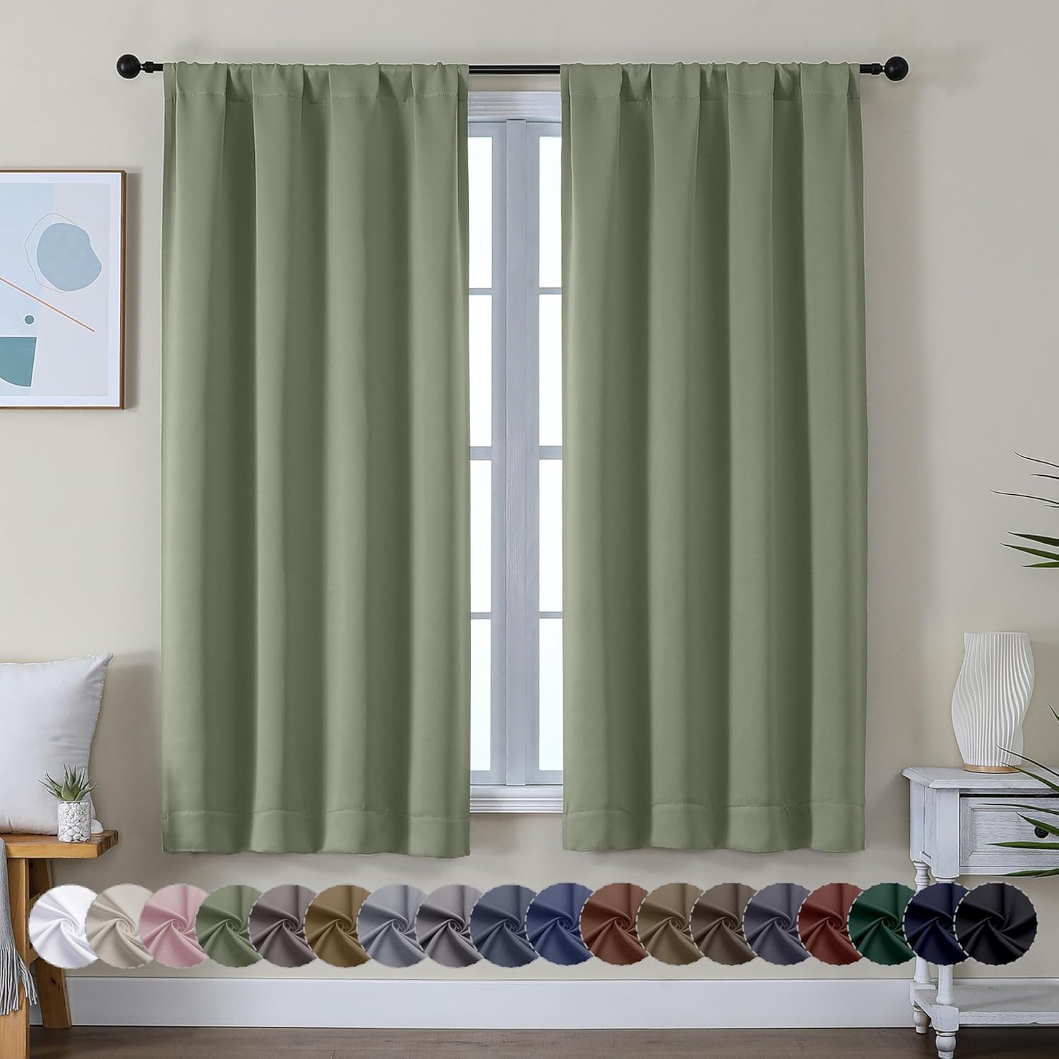 Simplebrand Ava Sage Green Blackout Curtains for Bedroom 63 Inch Length 2 Panels...
