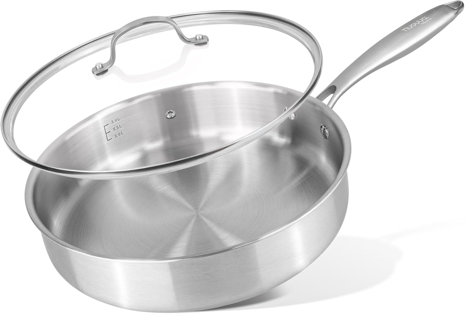 nuovva Stainless Steel Saute Pan with Glass Lid – Induction Hob Non Stick Saucep...