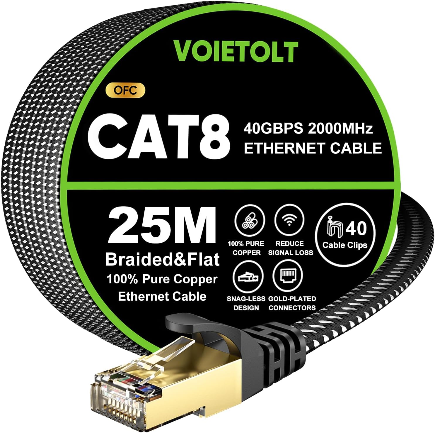 Premium VOIETOLT Cat 8 Ethernet Cable 25M, High-Speed Internet Cable with 40Gbps...