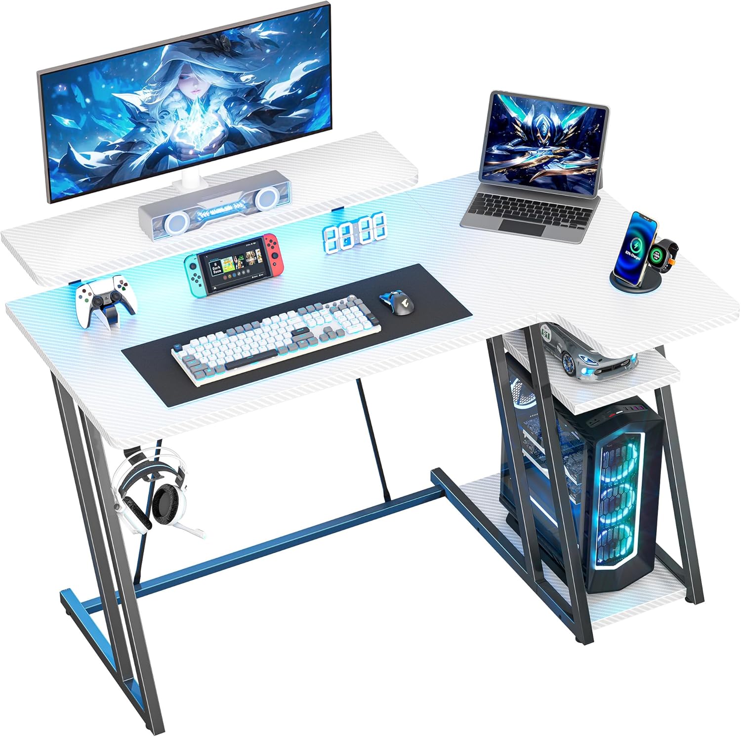 HOMIDEC Gaming Desk with LED Lights, 100CM Computer Desk with Monitor Stand, L S...