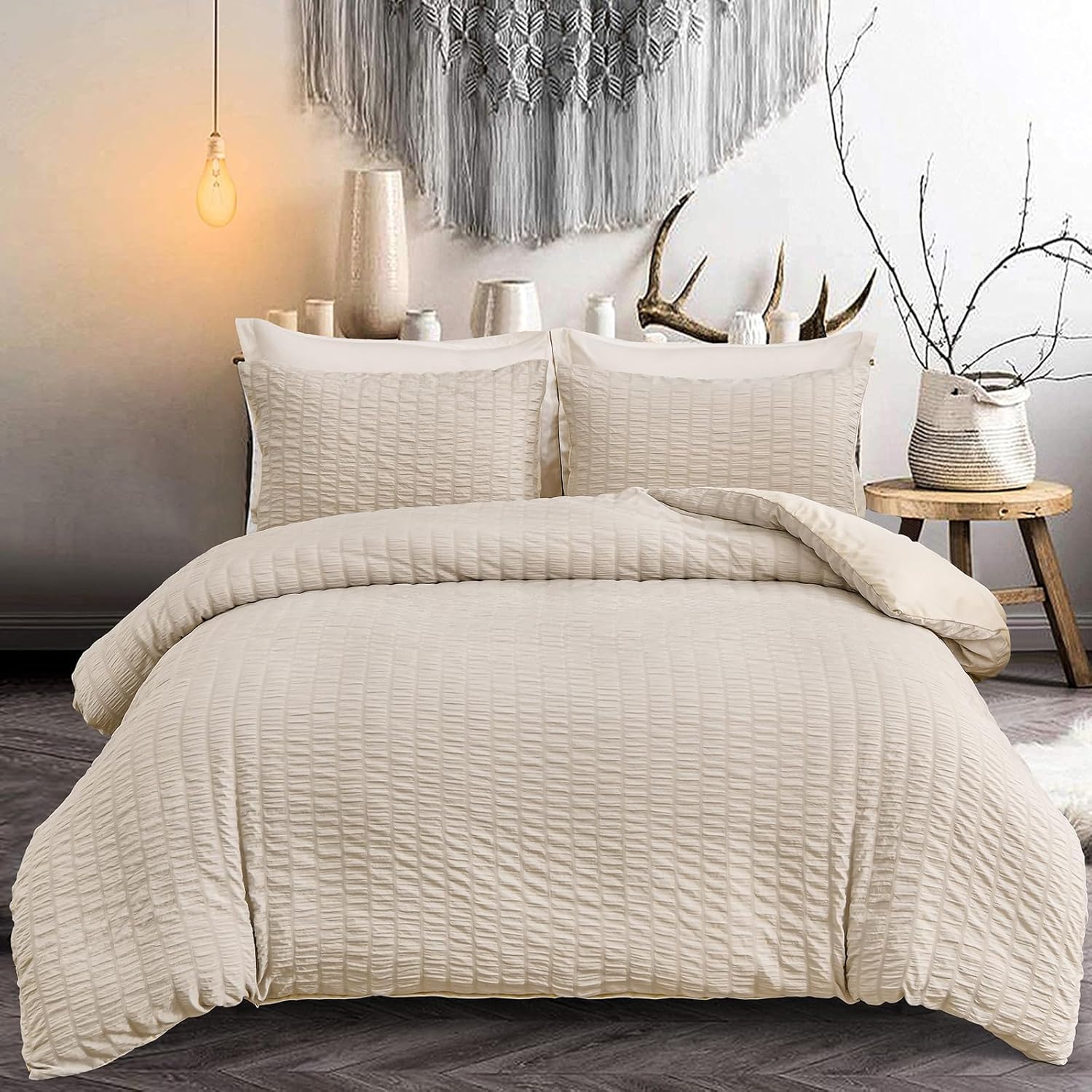 Beige Seersucker Bedding Set, Special King Size Duvet Cover Set with Puckering S...