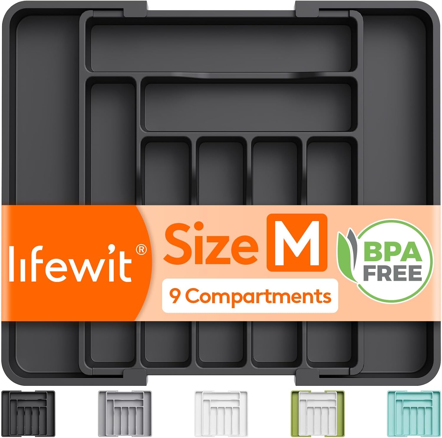 Lifewit Expandable Cutlery Drawer Organiser, Adjustable Cutlery Tray, 9 Compartm...