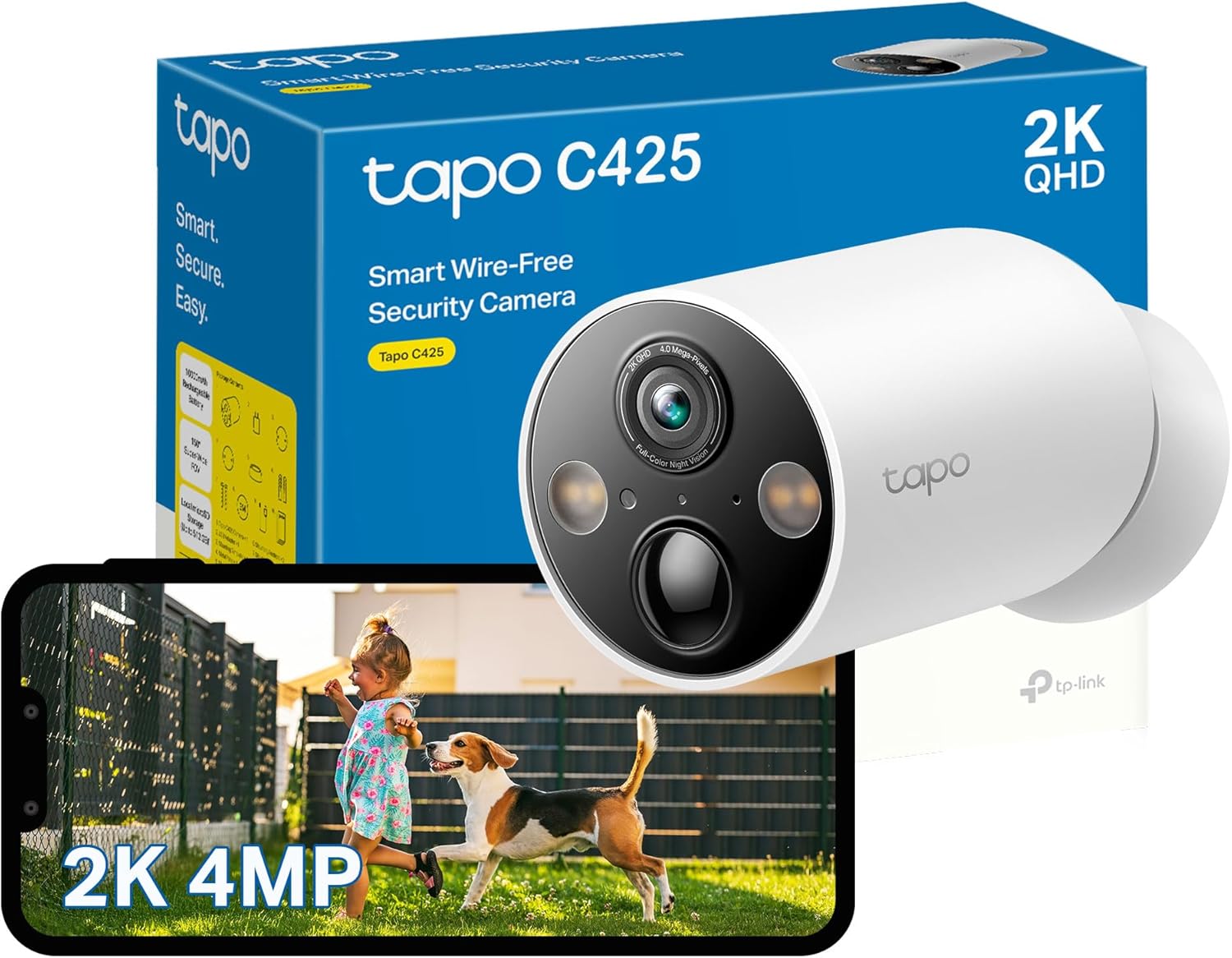 Tapo C425 2K 4MP QHD Battery Security Camera Outdoor Wireless, 300-day Battery L...