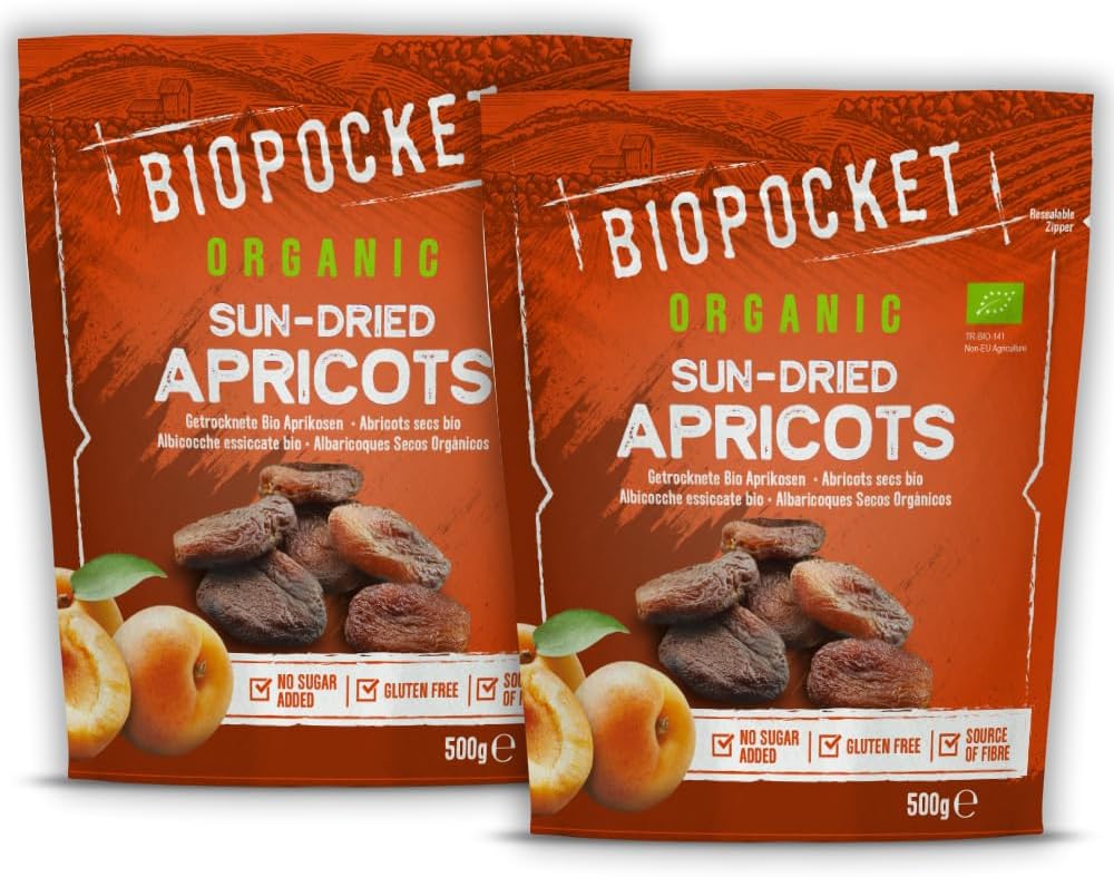 Biopocket Organic Dried Apricots, Special Organic Apricots 2 x 500 g, High-Quali...