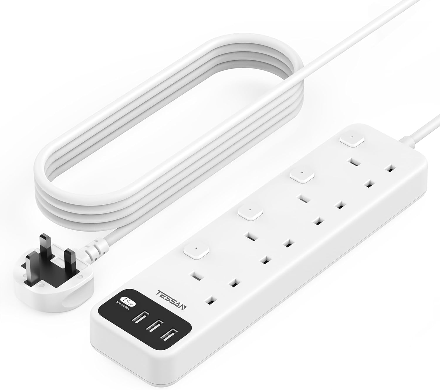 Extension Lead 5M with 3 USB Slots, TESSAN 4 Way Multi Plug Extender, Extension...