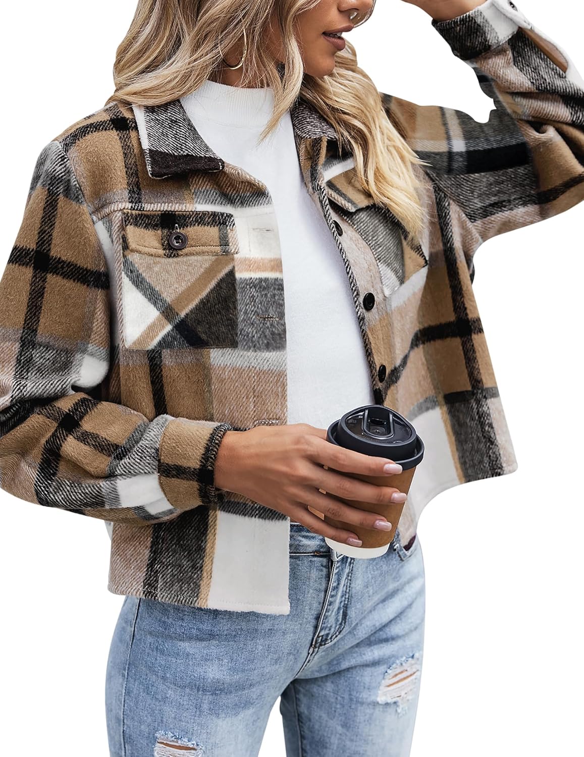 Zeagoo Flannels for Women, Special Cropped Shacket Jacket, Fashion Plaid Button...