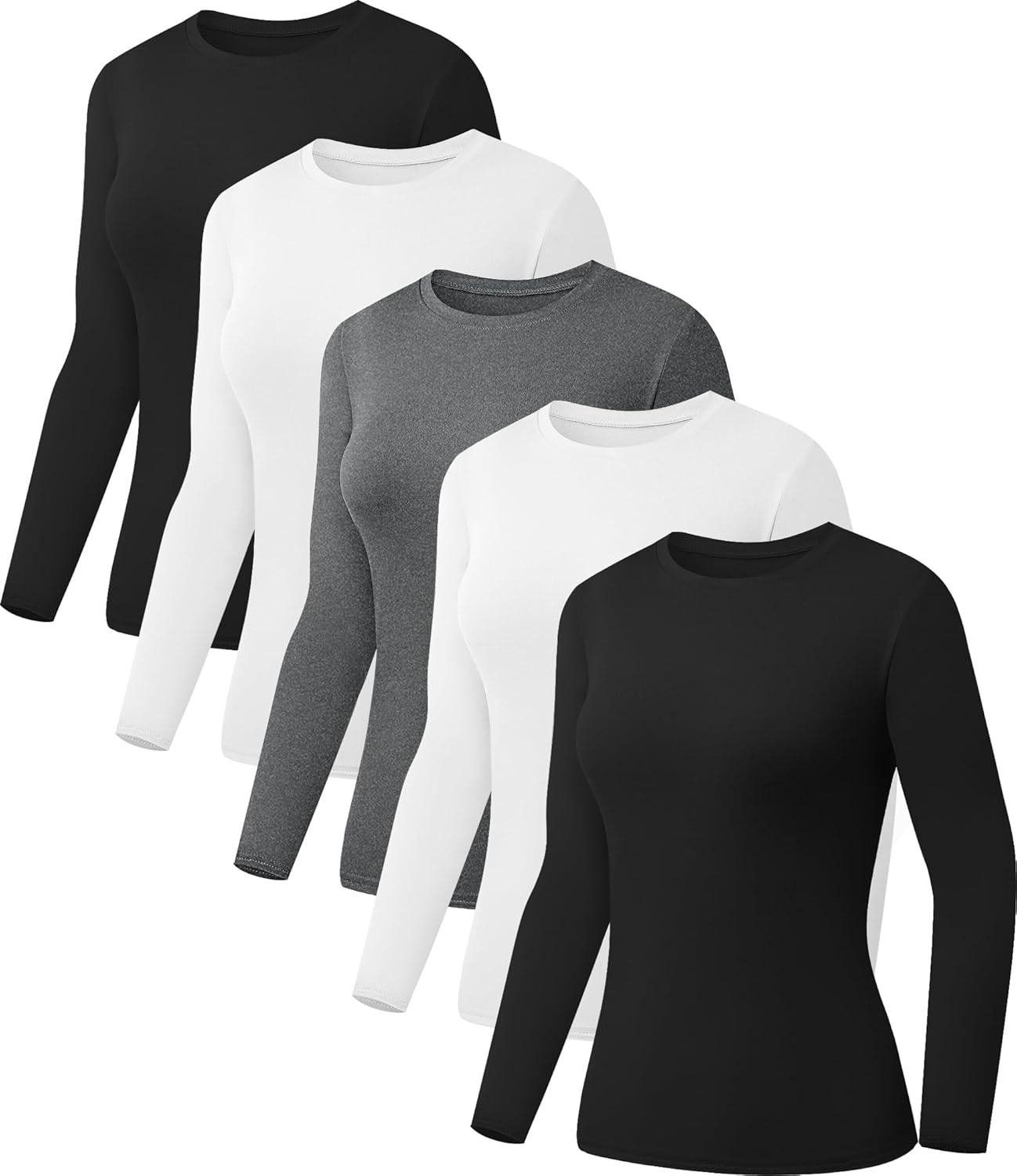 Pack of Womens Basic Long Sleeve Shirts, Special Crew Neck Slim-Fit Fitted T Shi...