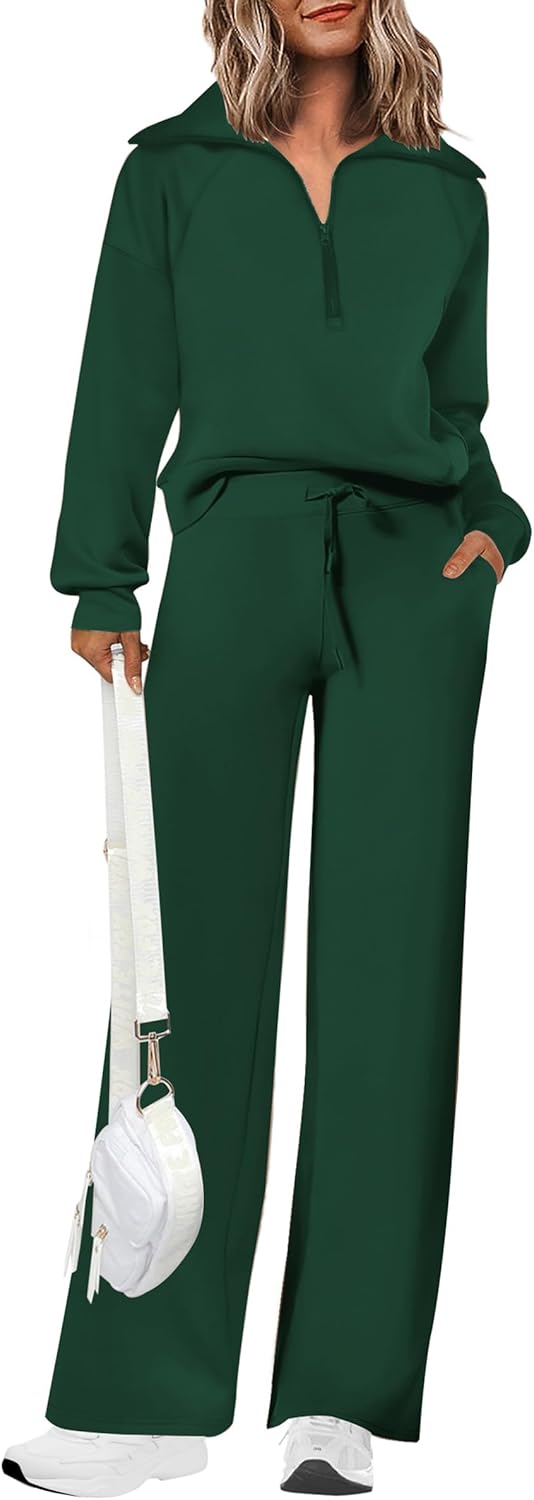 PRETTYGARDEN Women's 2 Piece Outfits Casual Lapel Half Zip Sweatshirts And Wide...