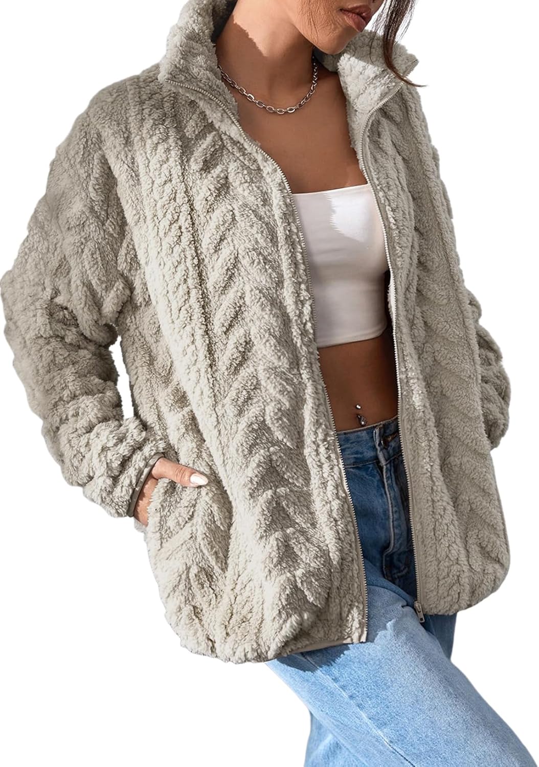 Dokotoo Winter Fleece Jacket for Women 2025 Zipper Stand Collar Casual Coats wit...