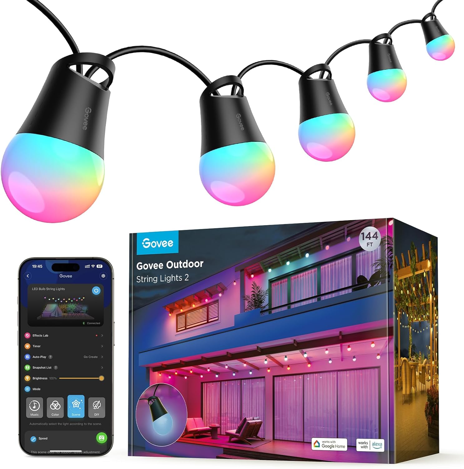Govee Smart Outdoor String Lights 2, 144ft Outdoor Lights with Dimmable Warm Whi...