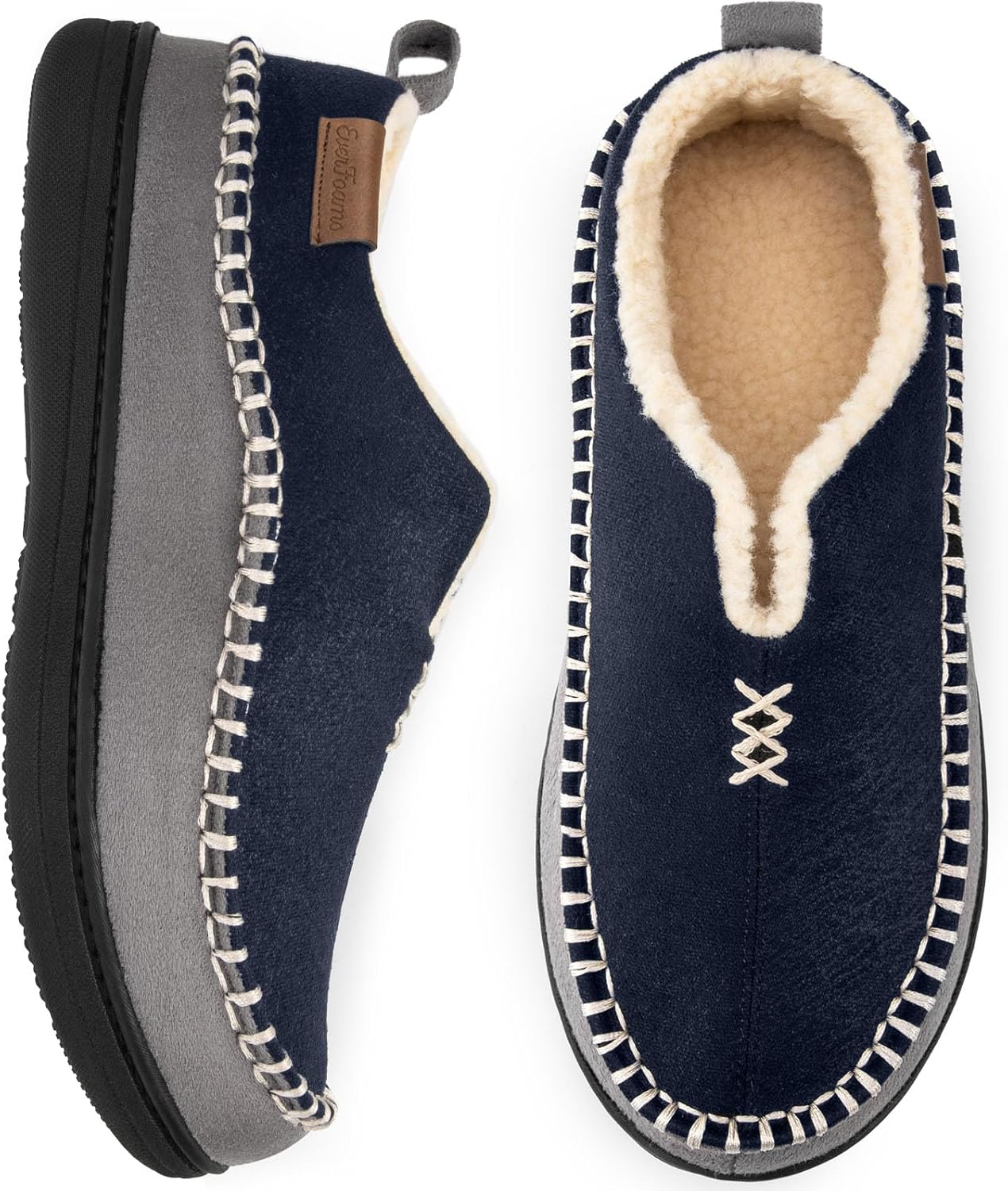 EverFoams Men's Micro Suede Memory Foam Moccasin Slippers with Fuzzy Sherpa Lini...